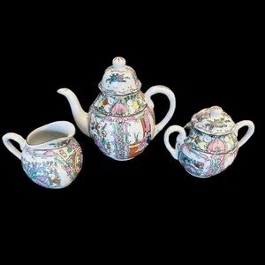 Chinese Famille Rose Medallion Tea Set Teapot Creamer Sugar Hand Painted VTG